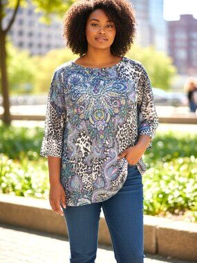 Pretty One World Animal & Paisley Print Ruffle Short Sleeve Blouse Size XL EUC